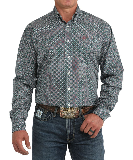 Front view of the men's blue Cinch long sleeve button down shirt featuring the classic fit, button down collar, white buttons, chest pocket, and the geometric print