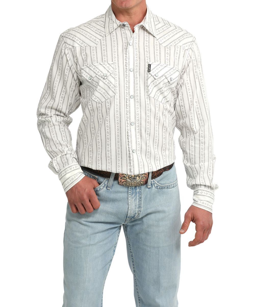 Front view of the men's long sleeve modern fit snap shirt in white featuring a floral striped print
