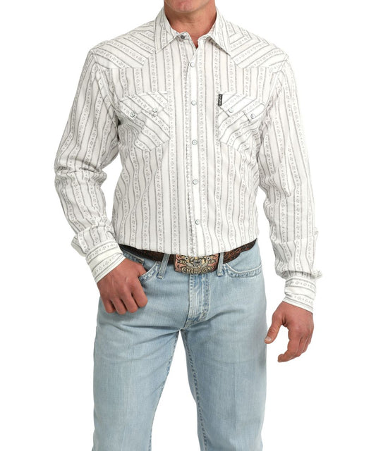 Front view of the men's long sleeve modern fit snap shirt in white featuring a floral striped print