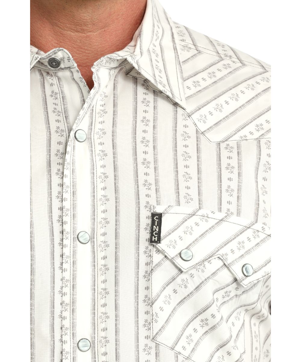 Close-up view of the floral striped print and sawtooth snap flap chest pockets