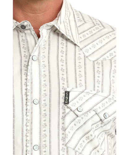 Close-up view of the floral striped print and sawtooth snap flap chest pockets