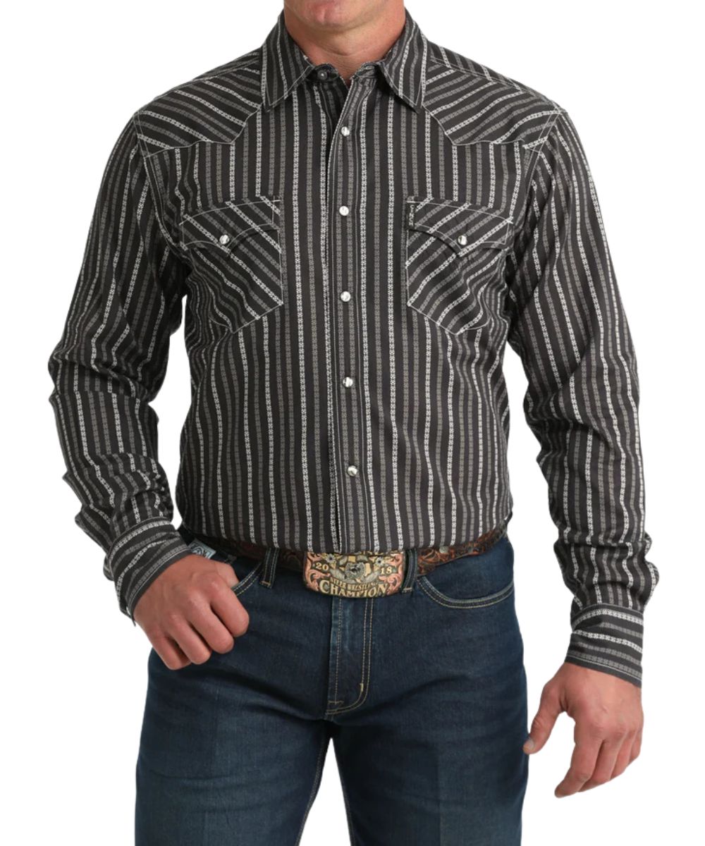 Front view of the men's brown long sleeve western snap shirt featuring a striped print and modern fit