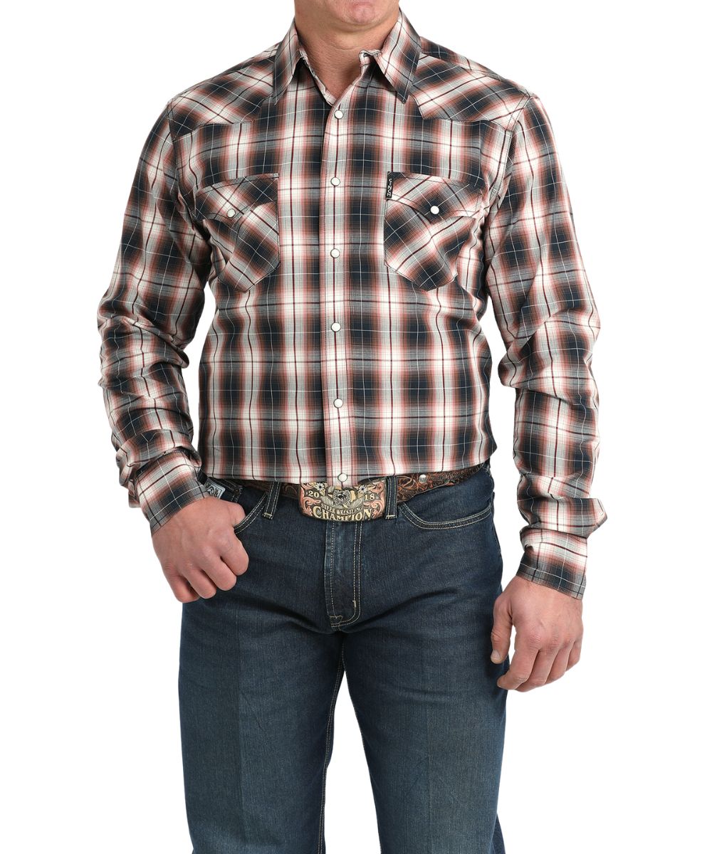 Men's Modern Fit Long Sleeve Black Plaid Western Snap Shirt