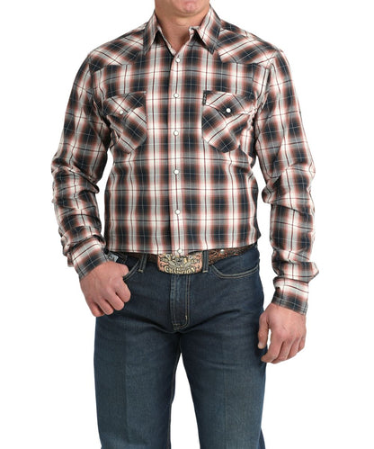 Men's Modern Fit Long Sleeve Black Plaid Western Snap Shirt