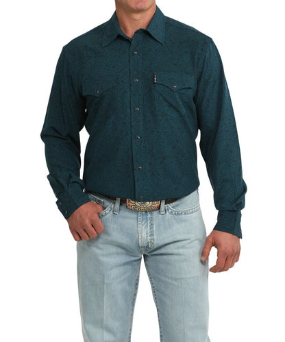 Front view of the men's teal modern fit long sleeve snap shirt featuring a paisley print