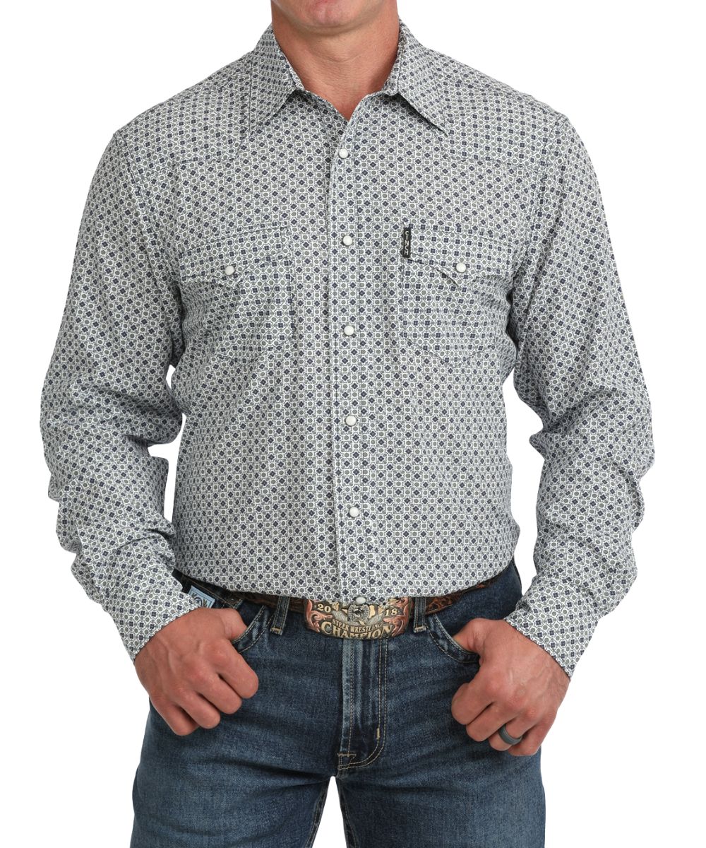 Front view of the men's white Cinch long sleeve snap shirt featuring the modern fit, white marble snaps, contrast topstitch, snap flap chest pockets, and western yokes