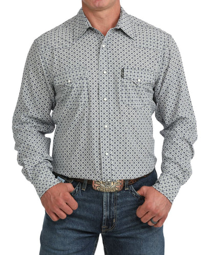 Front view of the men's white Cinch long sleeve snap shirt featuring the modern fit, white marble snaps, contrast topstitch, snap flap chest pockets, and western yokes