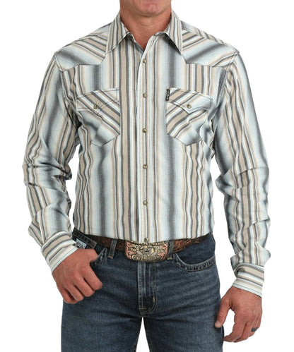 Front view of the men's white Cinch long sleeve snap shirt featuring the brown marble snaps, spread collar, chest pockets, contrast topstitch, modern fit, and striped print