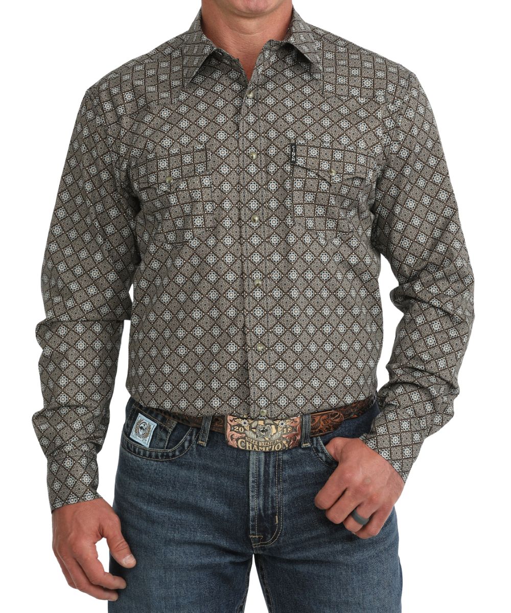 Front view of the men's brown Cinch long sleeve snap shirt featuring the marble snaps, chest pockets, western yokes, modern fit, contrast topstitch, and geometric print