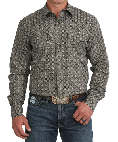 Front view of the men's brown Cinch long sleeve snap shirt featuring the marble snaps, chest pockets, western yokes, modern fit, contrast topstitch, and geometric print