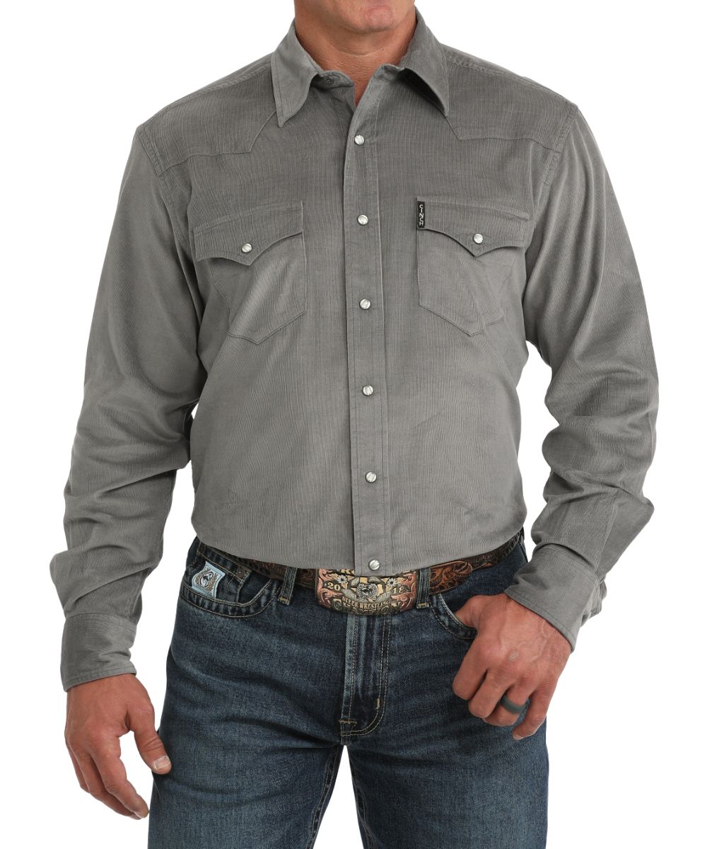 Front view of the men's grey Cinch long sleeve western corduroy snap shirt featuring the modern fit, white marble snaps, snap flap chest pockets, and western yokes