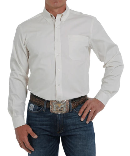 Front view of the men's cream Cinch long sleeve button down shirt featuring the modern fit, white buttons, single open chest pocket, and the solid print