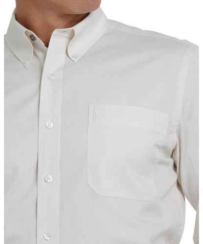 Close-up view of the men's solid cream button down shirt