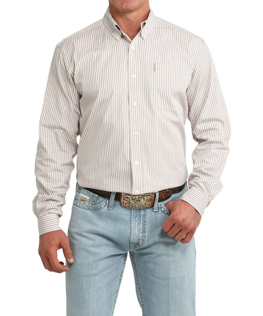 Men's Modern Fit White Striped Long Sleeve Button Down Shirt