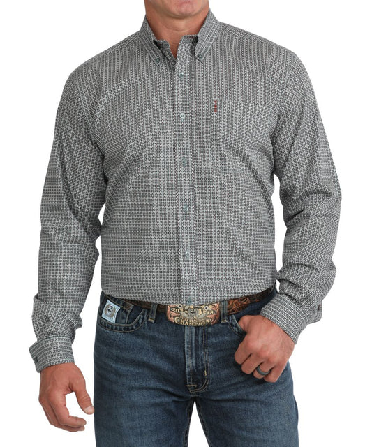 Front view of the men's Cinch long sleeve button down shirt featuring the geometric print, modern fit, and single open chest pocket