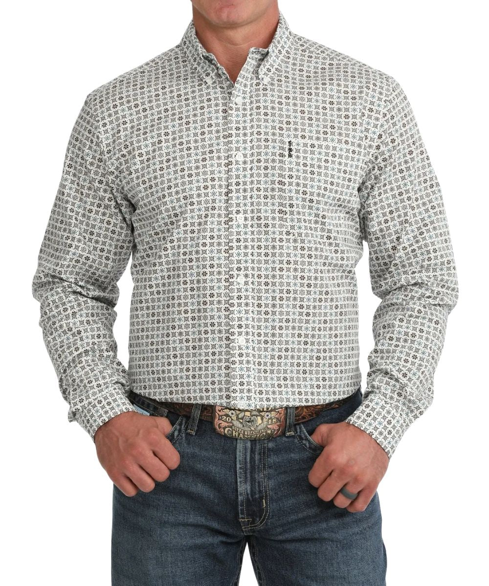 Front view of the men's cream Cinch long sleeve button down shirt featuring the modern fit, cream buttons, button down collar, and single open chest pocket