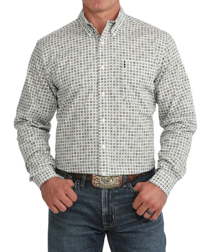 Front view of the men's cream Cinch long sleeve button down shirt featuring the modern fit, cream buttons, button down collar, and single open chest pocket