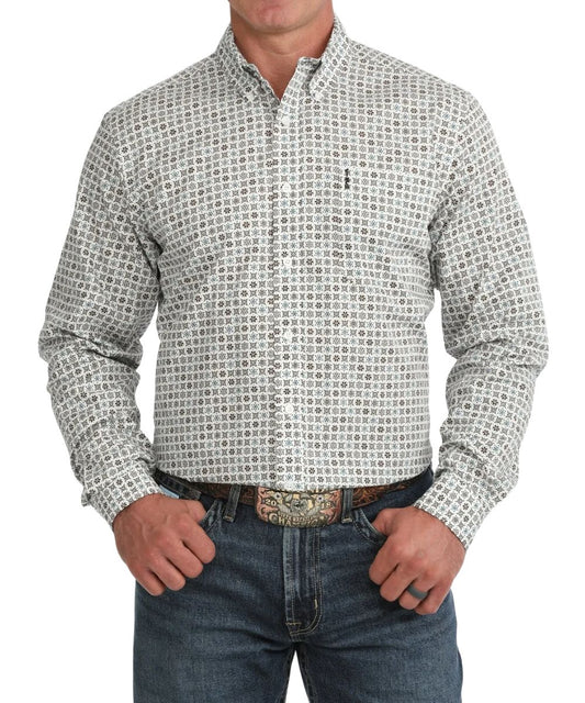 Front view of the men's cream Cinch long sleeve button down shirt featuring the modern fit, cream buttons, button down collar, and single open chest pocket