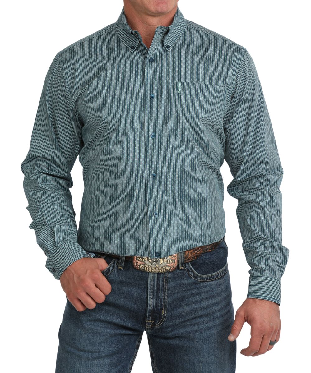 Front view of the men's blue Cinch long sleeve button down shirt featuring the button down collar, blue buttons, chest pocket, modern fit, and the geometric print