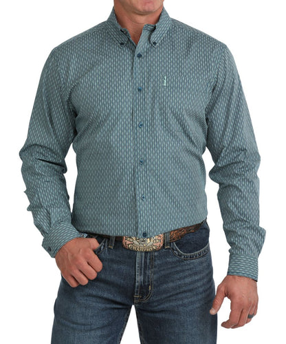 Front view of the men's blue Cinch long sleeve button down shirt featuring the button down collar, blue buttons, chest pocket, modern fit, and the geometric print