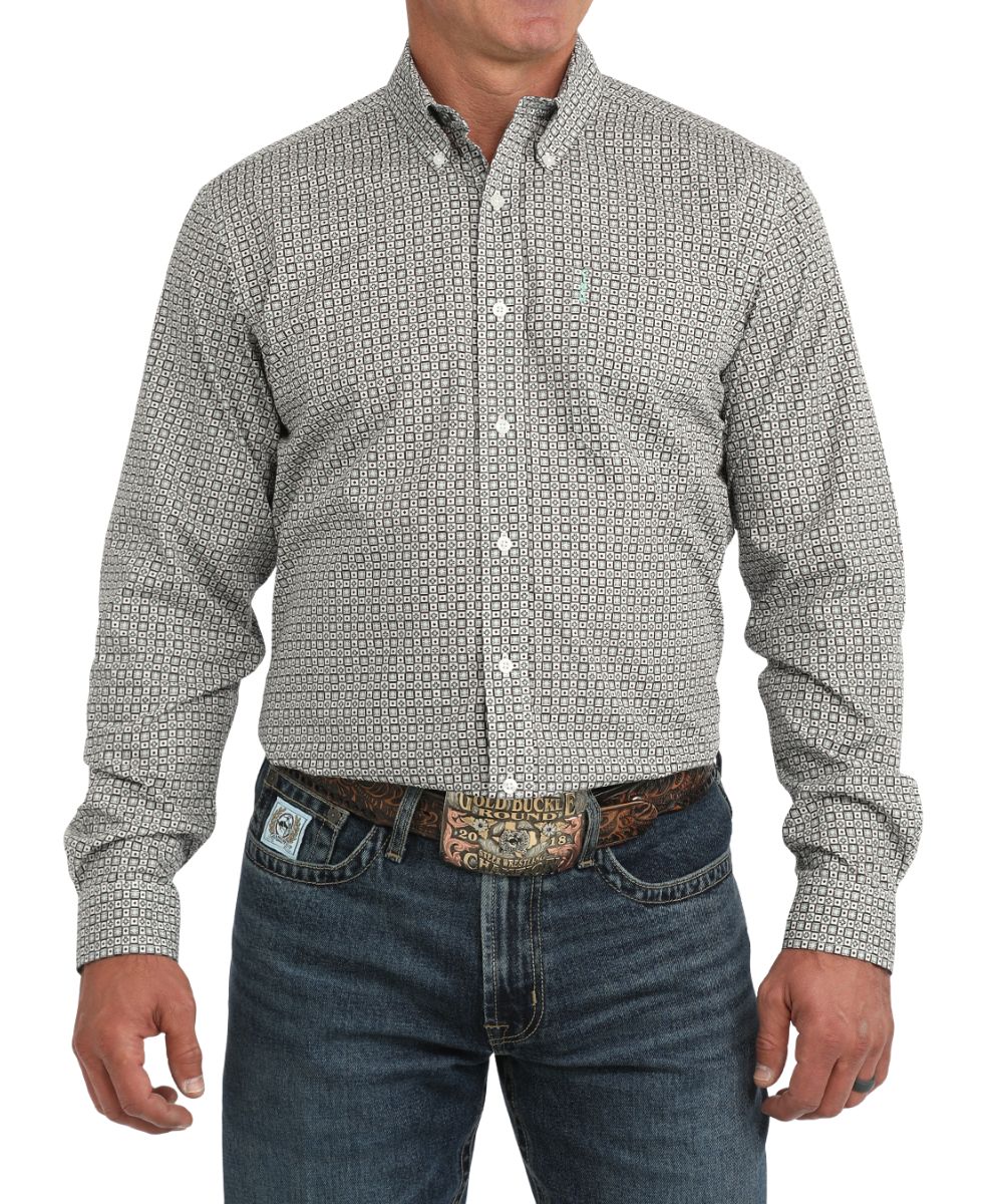 Front view of the men's white Cinch long sleeve button down shirt featuring the button down collar, white buttons, chest pocket, modern fit, and the geometric print