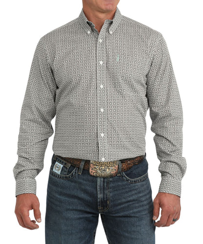 Front view of the men's white Cinch long sleeve button down shirt featuring the button down collar, white buttons, chest pocket, modern fit, and the geometric print