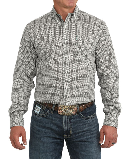 Front view of the men's white Cinch long sleeve button down shirt featuring the button down collar, white buttons, chest pocket, modern fit, and the geometric print