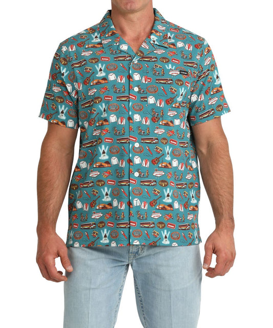 Men's Teal Short Sleeve Button Down Shirt Featuring A Pure Country Geometric Print