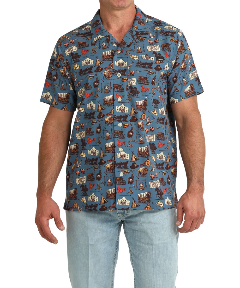 Men's Blue Short Sleeve Button Down Camp Shirt Featuring A Geometric Lonesome Dove Print