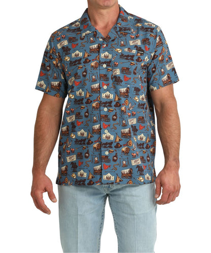 Men's Blue Short Sleeve Button Down Camp Shirt Featuring A Geometric Lonesome Dove Print