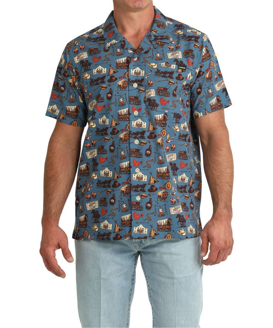 Men's Blue Short Sleeve Button Down Camp Shirt Featuring A Geometric Lonesome Dove Print