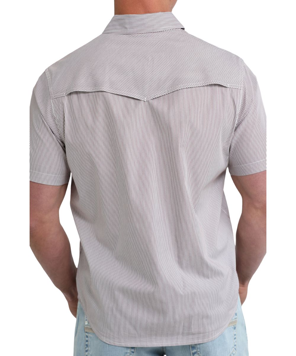 Back view of the men's striped short sleeve snap shirt featuring a vented back yoke