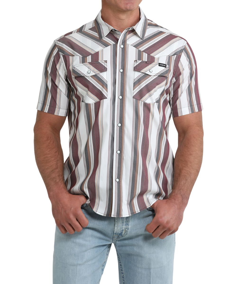 Front view of the men's white retro striped short sleeve snap shirt featuring single point snap flap chest pockets and single point western yokes