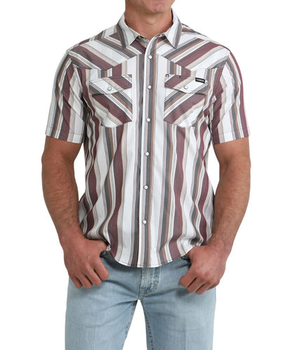 Front view of the men's white retro striped short sleeve snap shirt featuring single point snap flap chest pockets and single point western yokes