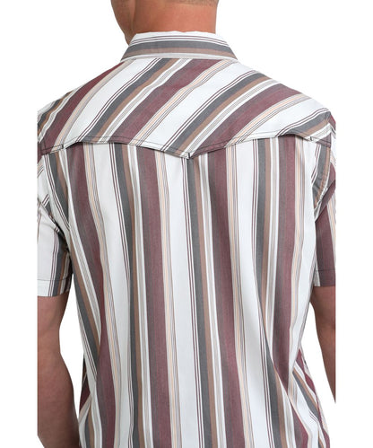 Back view of the short sleeve men's retro striped snap shirt featuring a vented back yoke