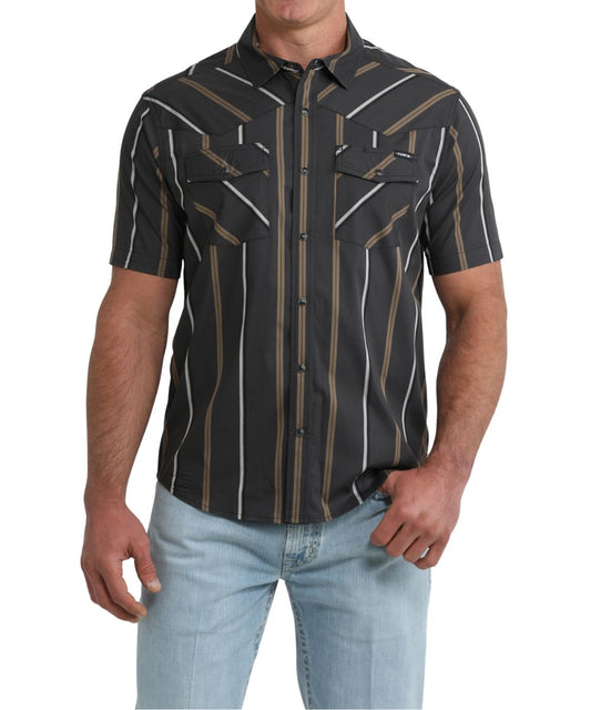 Front view of the men's short sleeve black retro stripe snap shirt