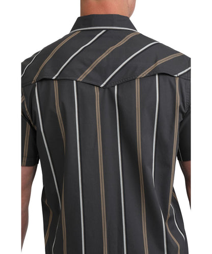 Back view of the men's retro striped short sleeve snap shirt featuring a vented back yoke