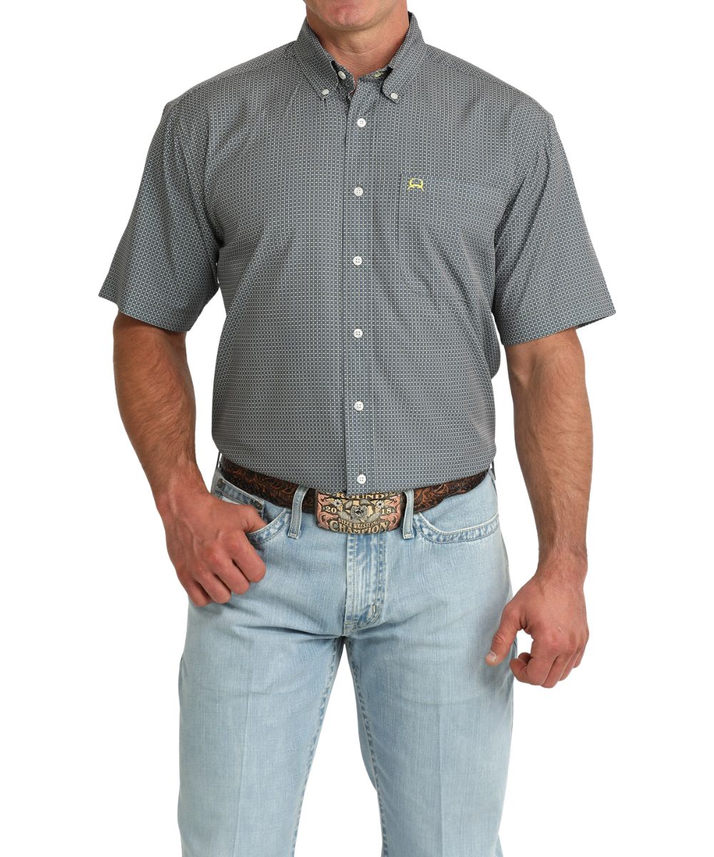 Men's Grey Geometric Print Short Sleeve Button Down ArenaFlex Shirt