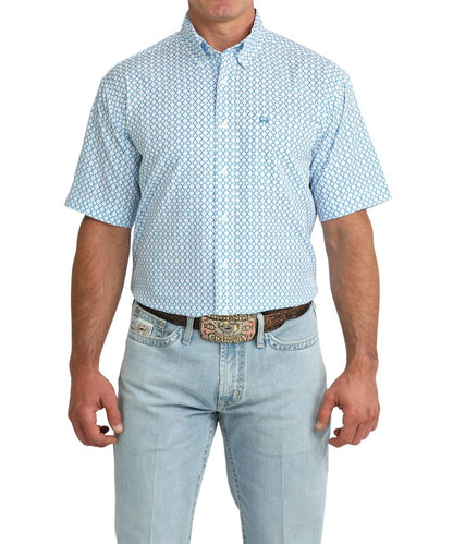 Men's Lightweight ArenaFlex Blue Geometric Print Short Sleeve Button Down Shirt