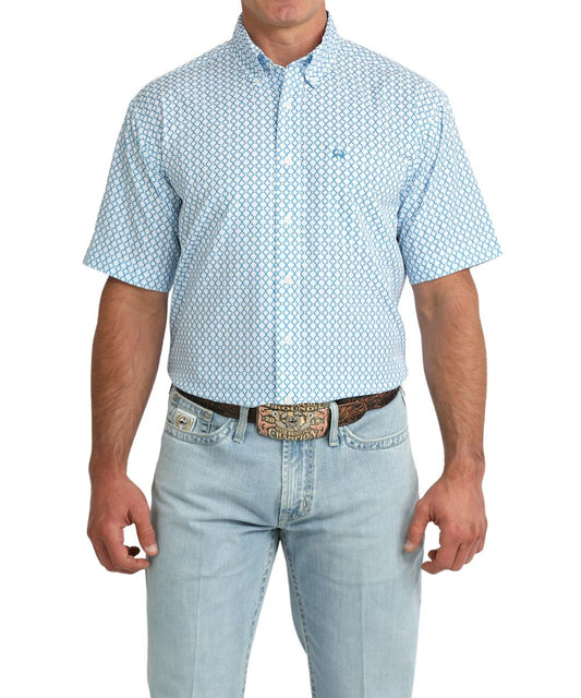 Men's Lightweight ArenaFlex Blue Geometric Print Short Sleeve Button Down Shirt