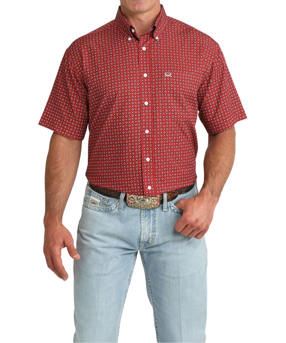 Front view of the men's short sleeve red geometric print button down shirt