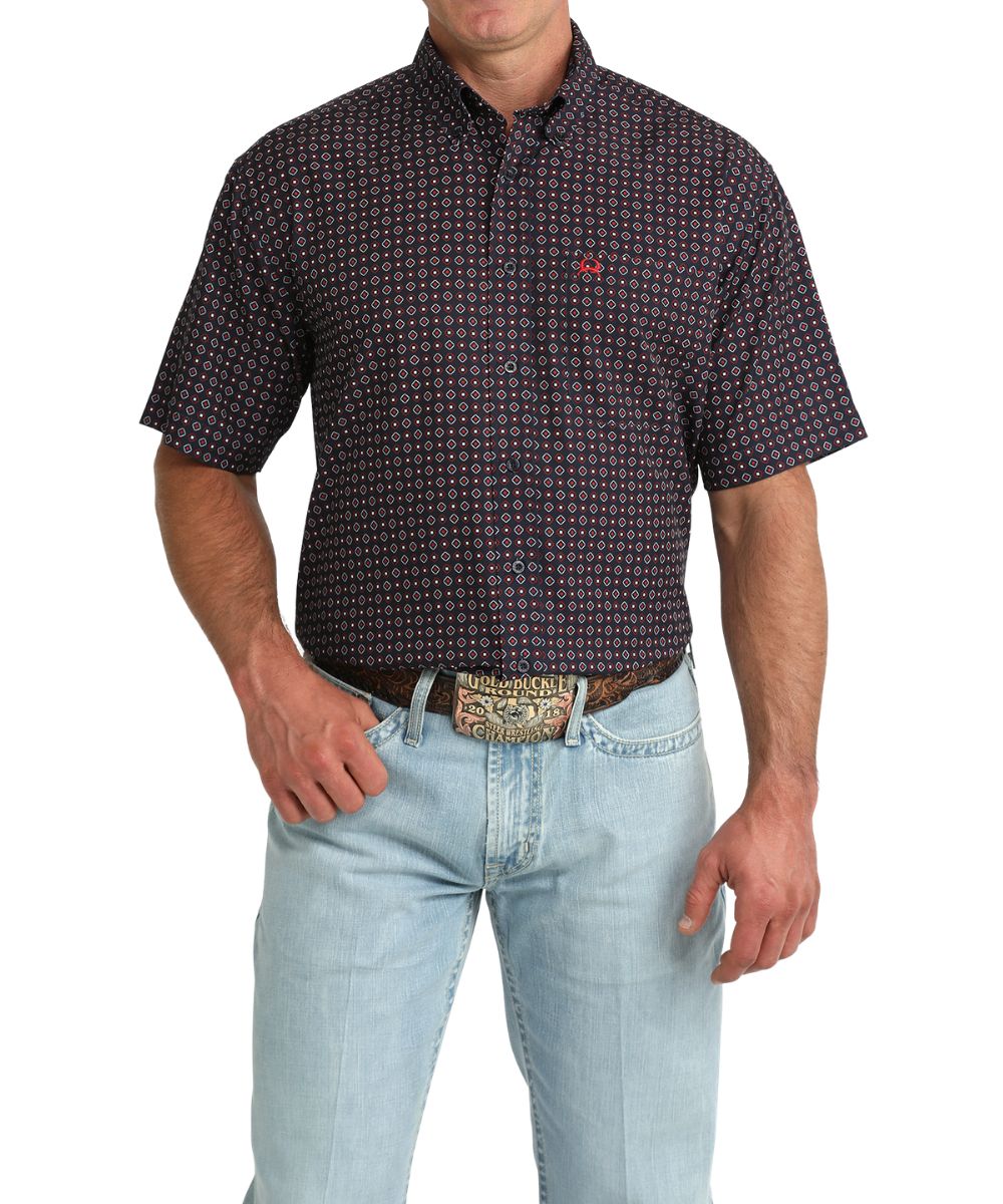 Front view of the men's short sleeve navy geometric print button down shirt