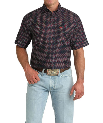 Front view of the men's short sleeve navy geometric print button down shirt