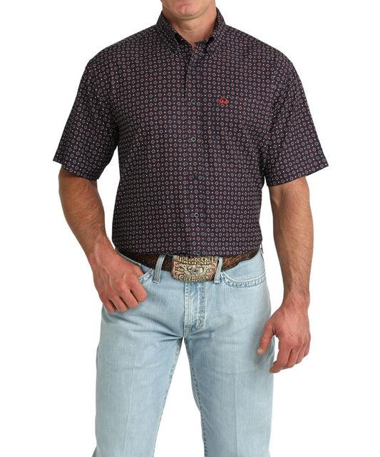 Front view of the men's short sleeve navy geometric print button down shirt