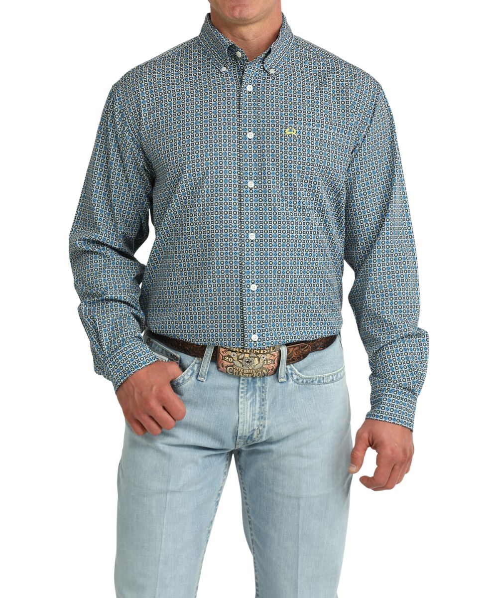 Men's Blue Lightweight Long Sleeve ArenaFlex Button Down Shirt Featuring A Geometric Print