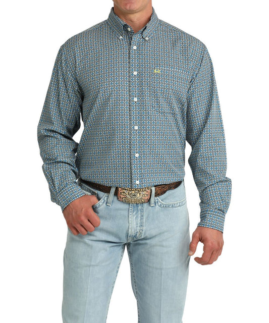 Men's Blue Lightweight Long Sleeve ArenaFlex Button Down Shirt Featuring A Geometric Print