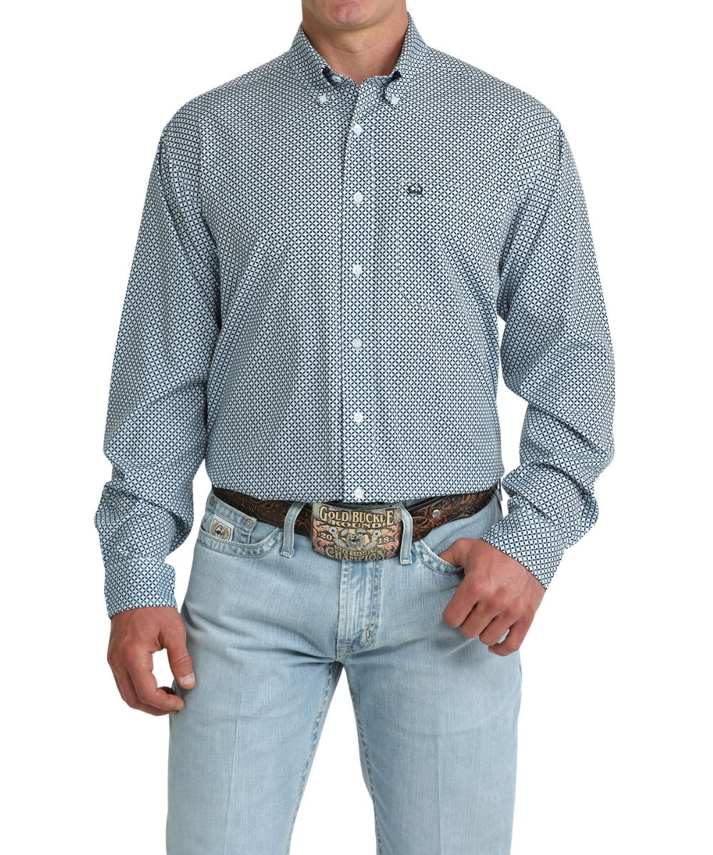 Front view of the men's light blue long sleeve geometric print button down shirt