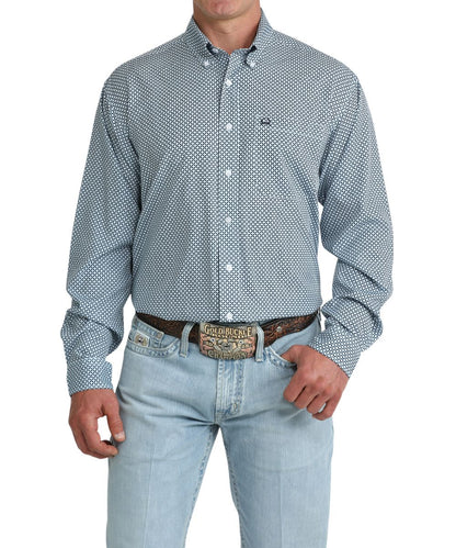 Front view of the men's light blue long sleeve geometric print button down shirt
