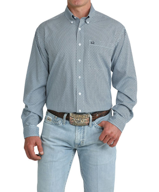 Front view of the men's light blue long sleeve geometric print button down shirt