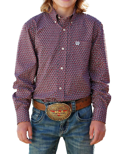Boys Red Geo Print Long Sleeve Button Down Shirt